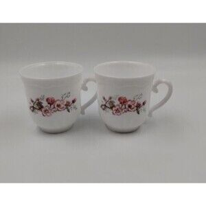 Set of 2 Vintage Arcopal France White Tea Cups With Pink Flowers
